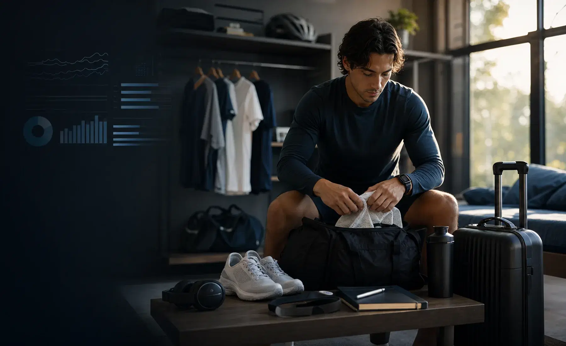 Athlete packing training gear for travel with daily routine and team apparel nearby