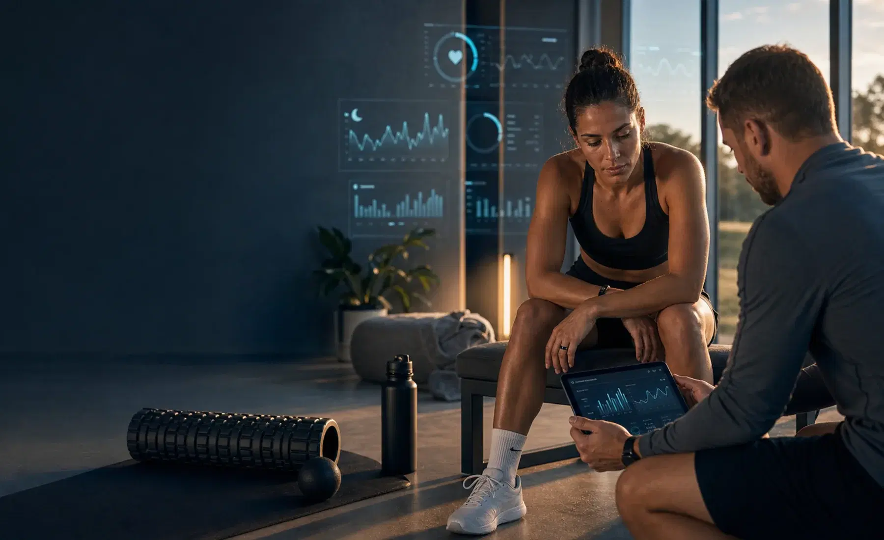 Athlete recovery session with coach reviewing wearable readiness, HRV, and sleep data