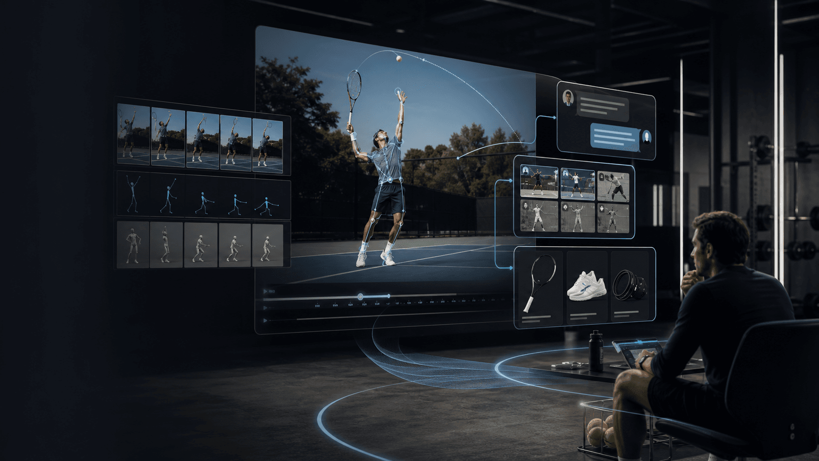 Vision Analysis connecting tennis serve keyframes, chat explanation, reference library, and product knowledge recommendations.