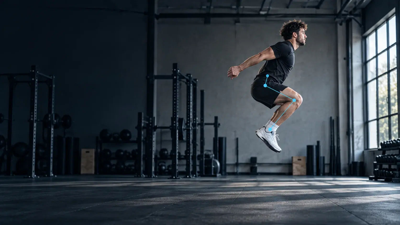 Illustration of an athlete mid-jump in a gym, with a subtle movement trace along the leg.