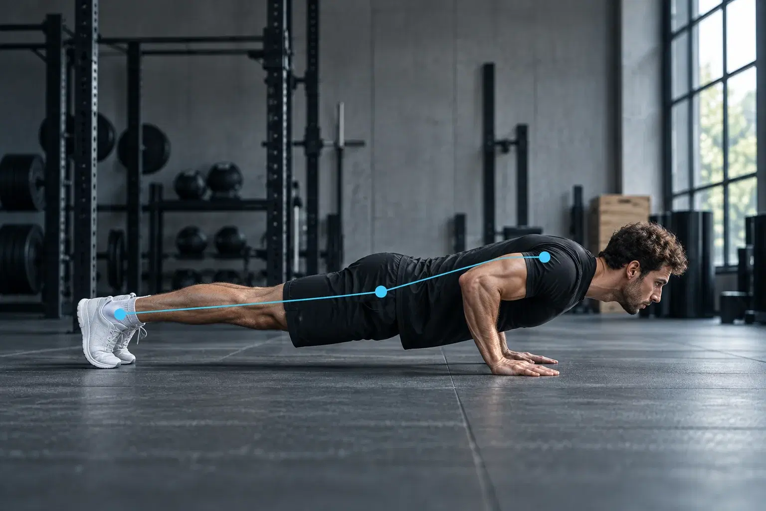 Illustration of a side-on push-up with a movement trace along the body.