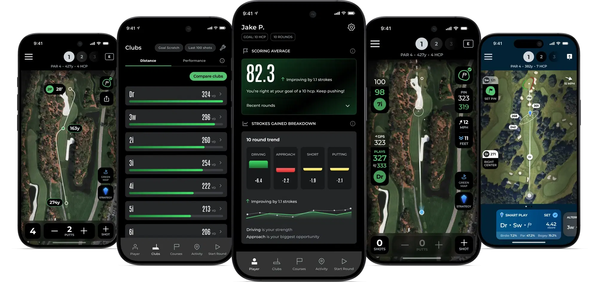 Arccos golf app showing club distances, performance trends and on-course strategy across five phone screens
