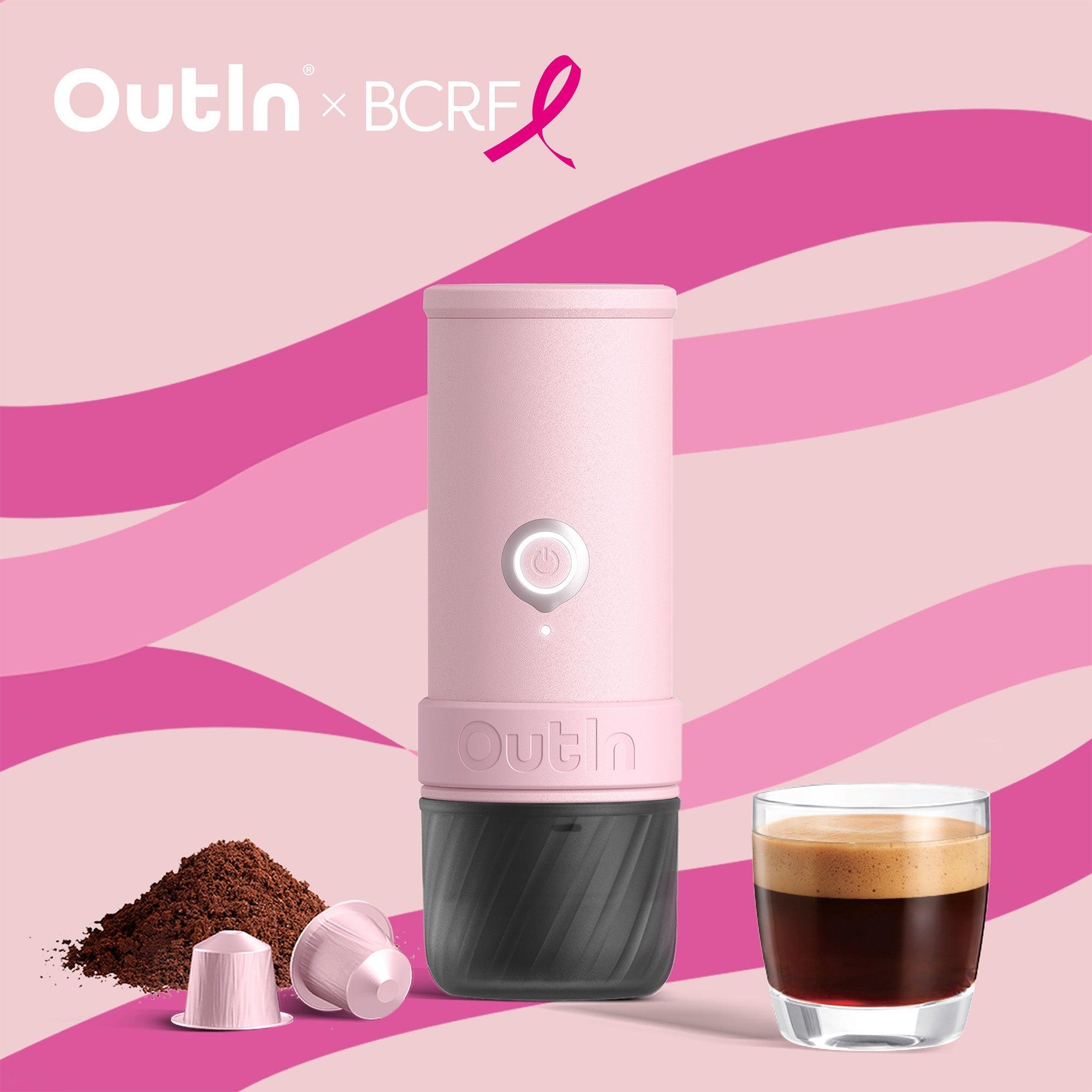Pink OutIn Mino portable espresso machine co-branded with BCRF