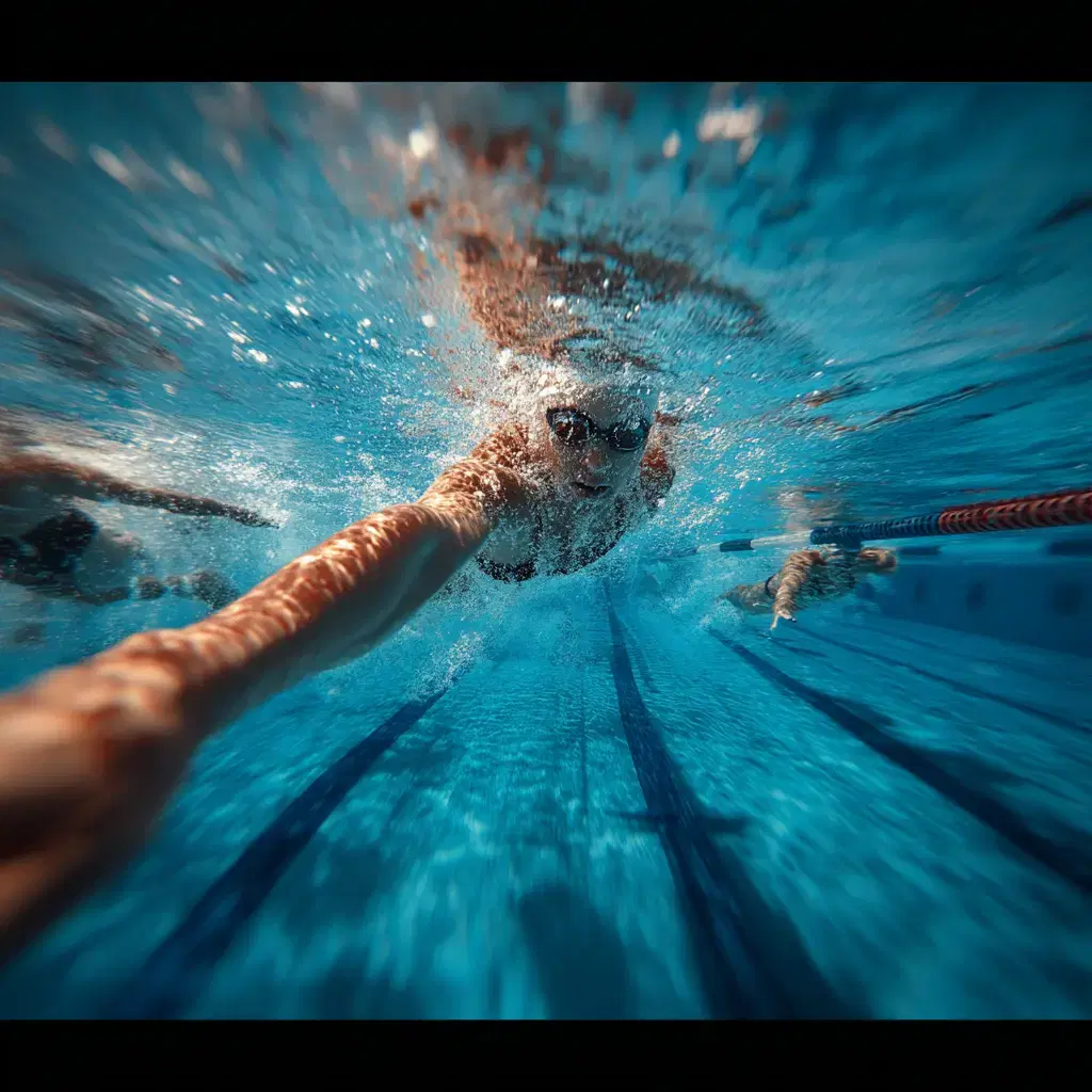 Swimmers moving together through a pool, seen from underwater