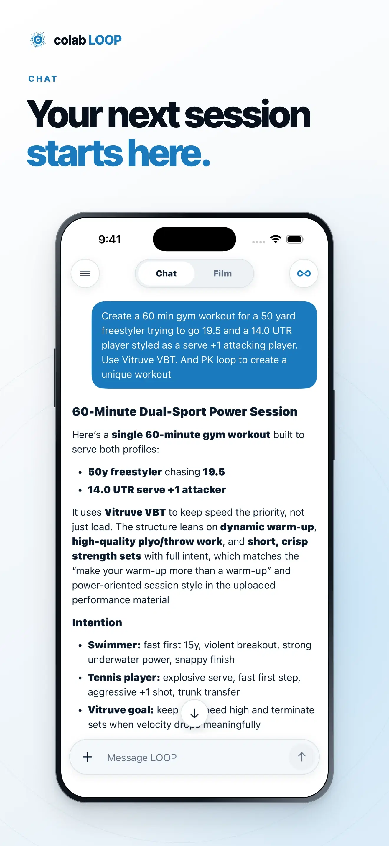A framed iPhone view of an existing training conversation in Chat.