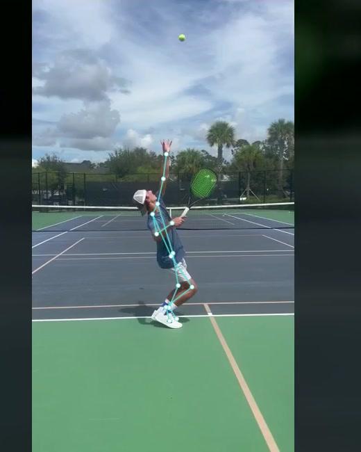A tennis player serving with motion-capture markers in the FORM analysis stage