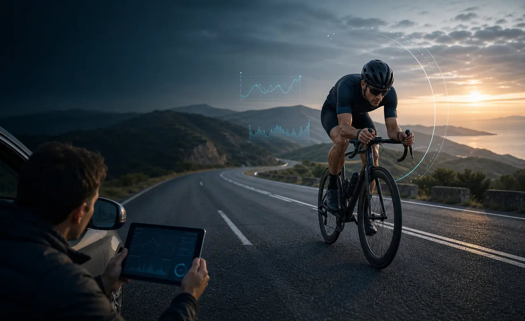 Road cyclist climbing at dawn with coach reviewing power, cadence, and threshold data
