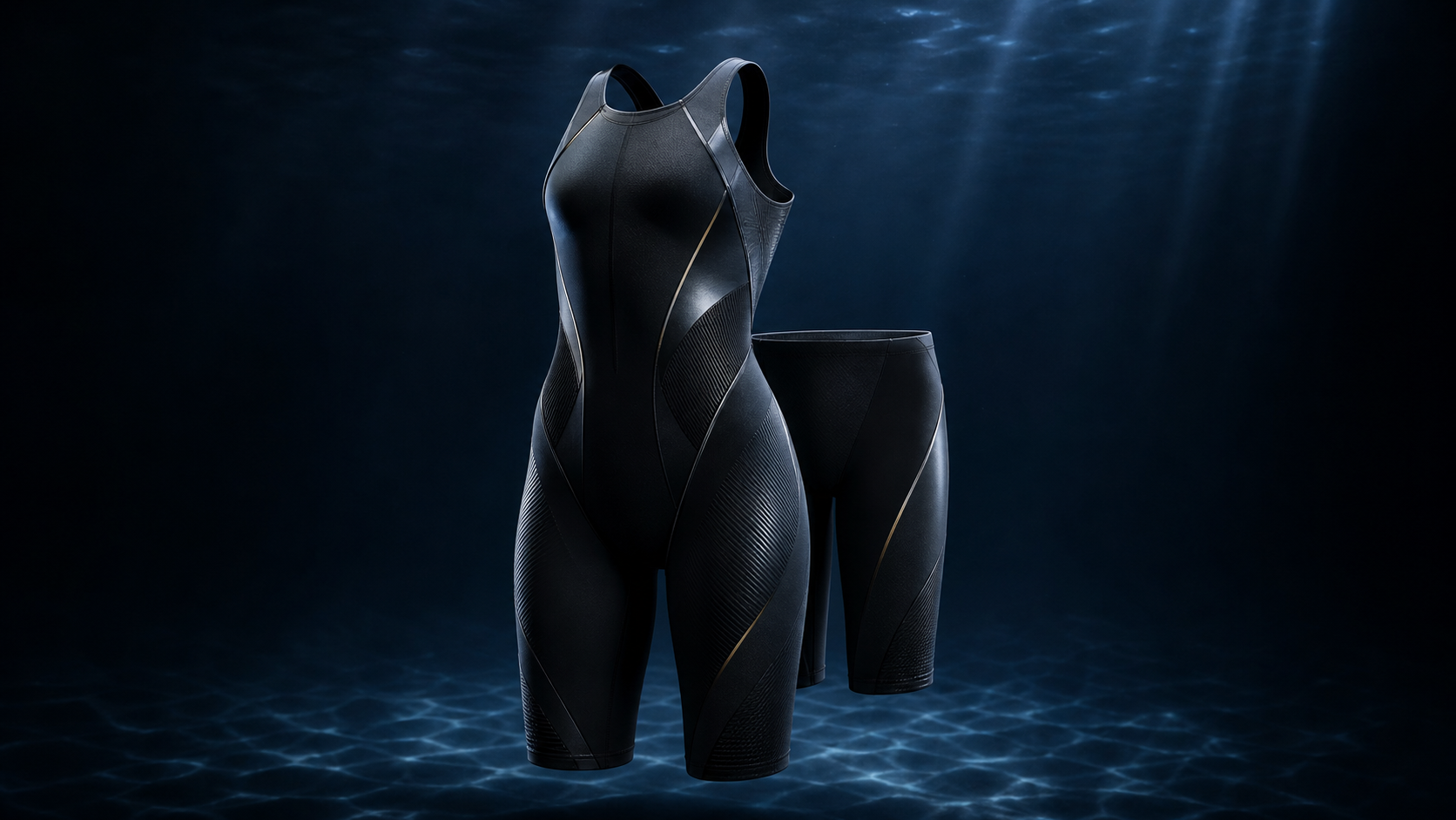 Generated concept still of a deBoer Caeleb Dressel SPEED 1.0 race suit for a 6DoF product component.