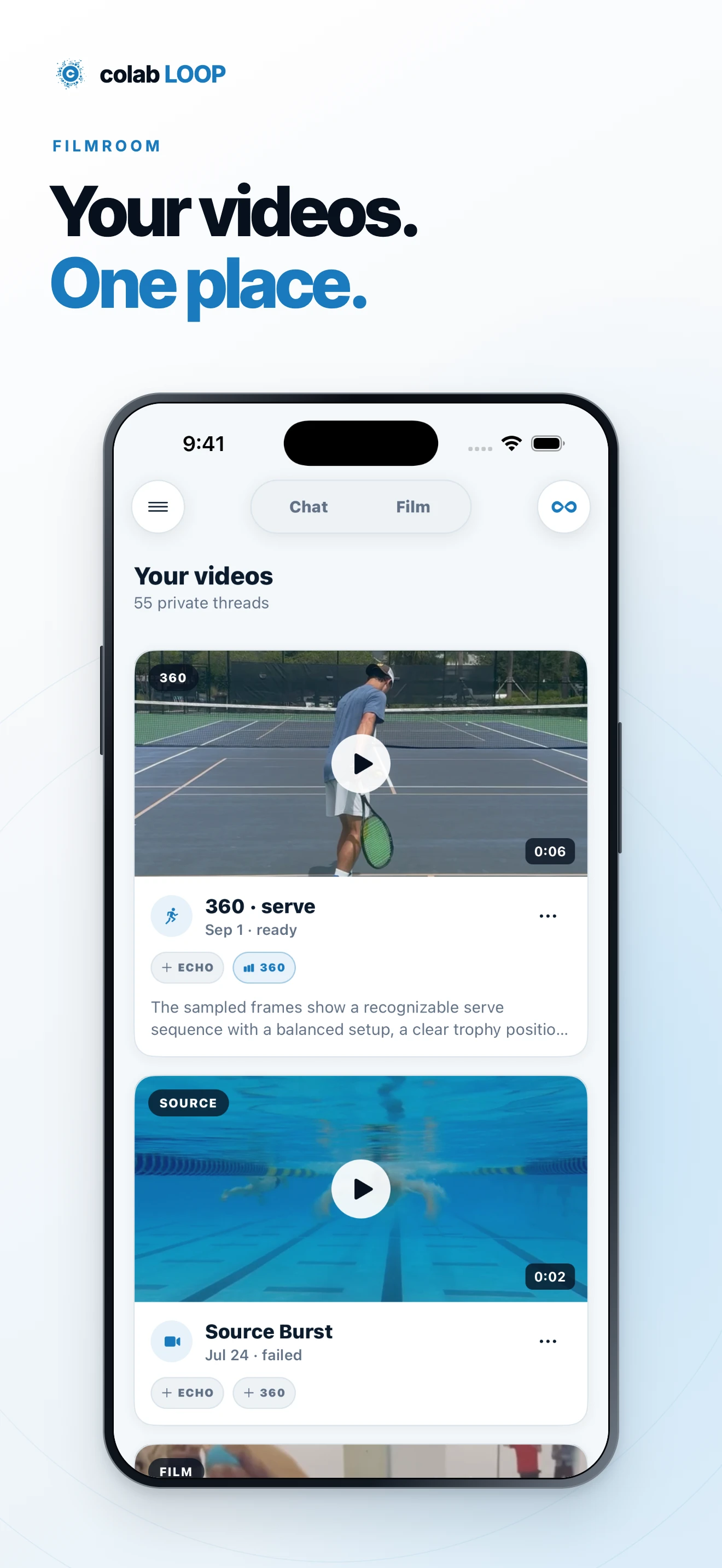 Your videos. One place. A framed iPhone view of the Filmroom library with tennis and swimming clips.