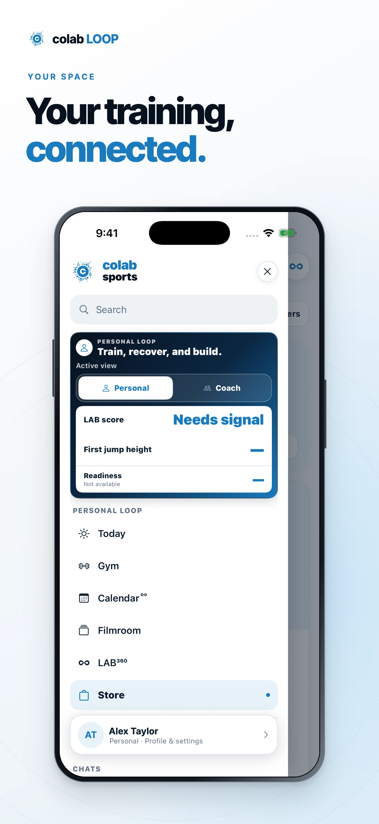 Your training, connected. A framed iPhone view of the open profile and training navigation drawer.