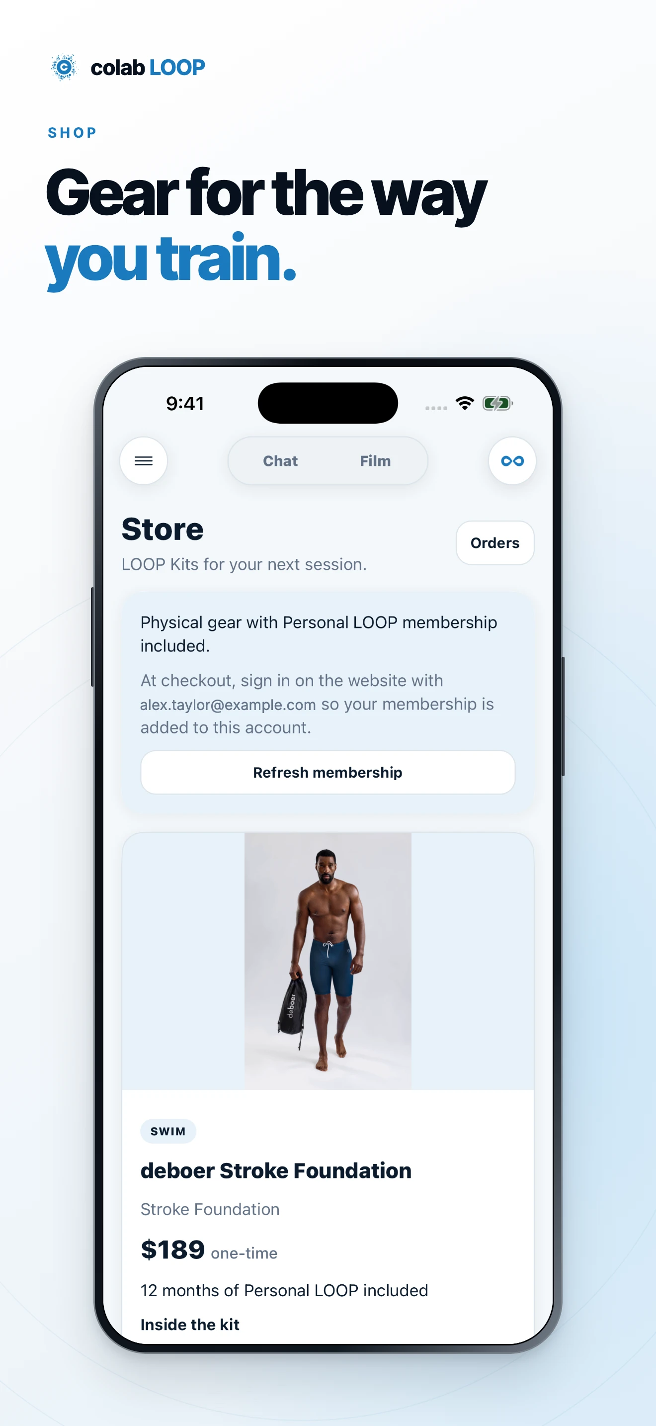Gear for the way you train. A full framed iPhone view of the native Store and a swim kit listing.