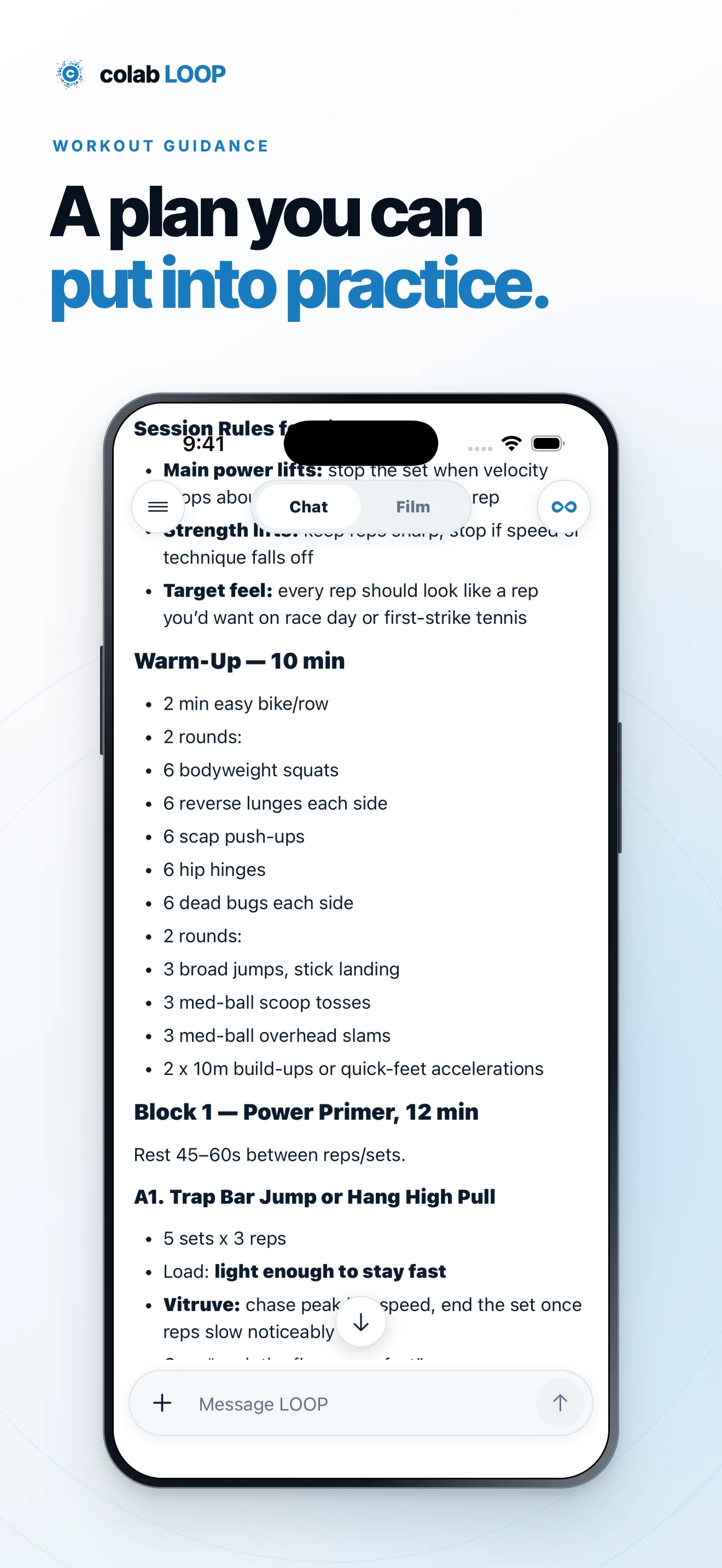 A plan you can put into practice. A framed iPhone view of workout guidance in Chat, including a warm-up and strength exercises.